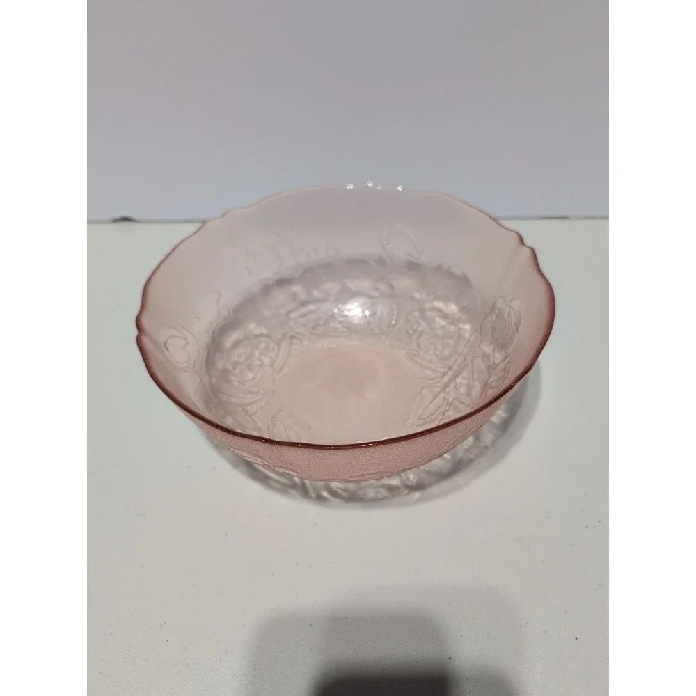 Vintage Pink Arcoroc Rosaline Rose Frosted Bowl Floral Design Luminarc France